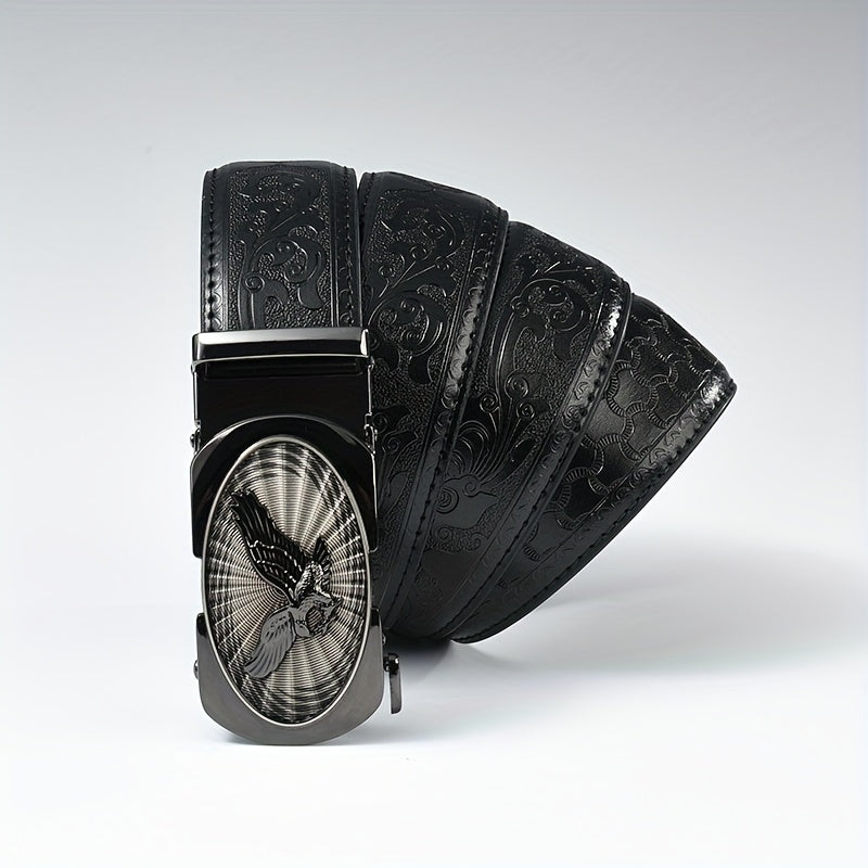 Men's Black Leather Belt with Automatic Buckle - Embossed Eagle Design Business Casual Belt for Office & Formal Occasions, Durable Gift for Father's Day & Business Partners, Sophisticated Detailing