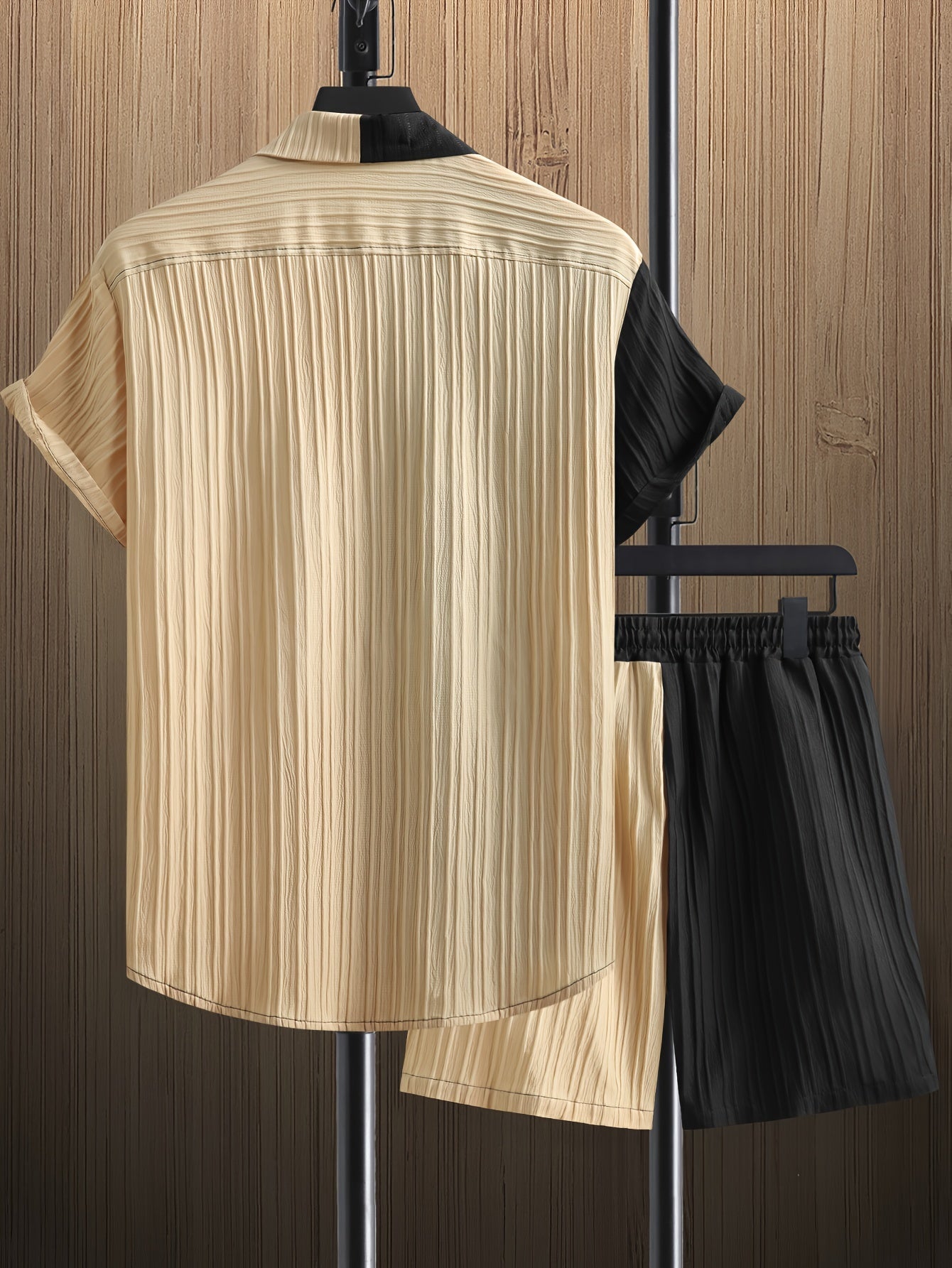 Men'S Casual Summer Polyester Shirt and Shorts Set, Regular Fit, Color Block, Lapel Collar, Slight Stretch Fabric, Lash Sets, Active Wear