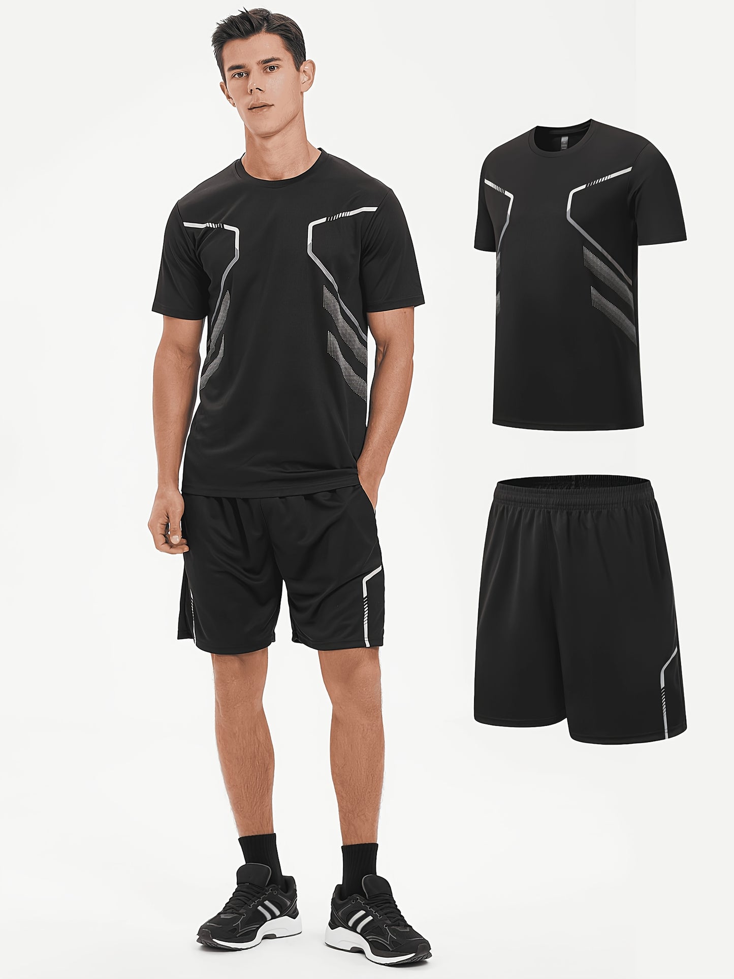 2pcs Men's Running Sportswear Set Summer Ice Sliky Fiber Fabric Quick-Dry Sweat-Absorbent Fitness Casual Short Sleeve Shorts Outfit