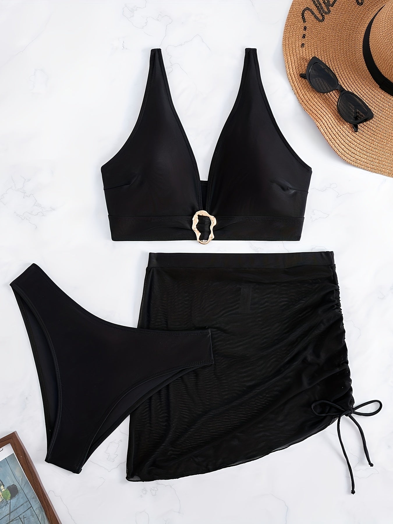 Women's Off-Shoulder Solid Color Bikini Set with Beach Skirt