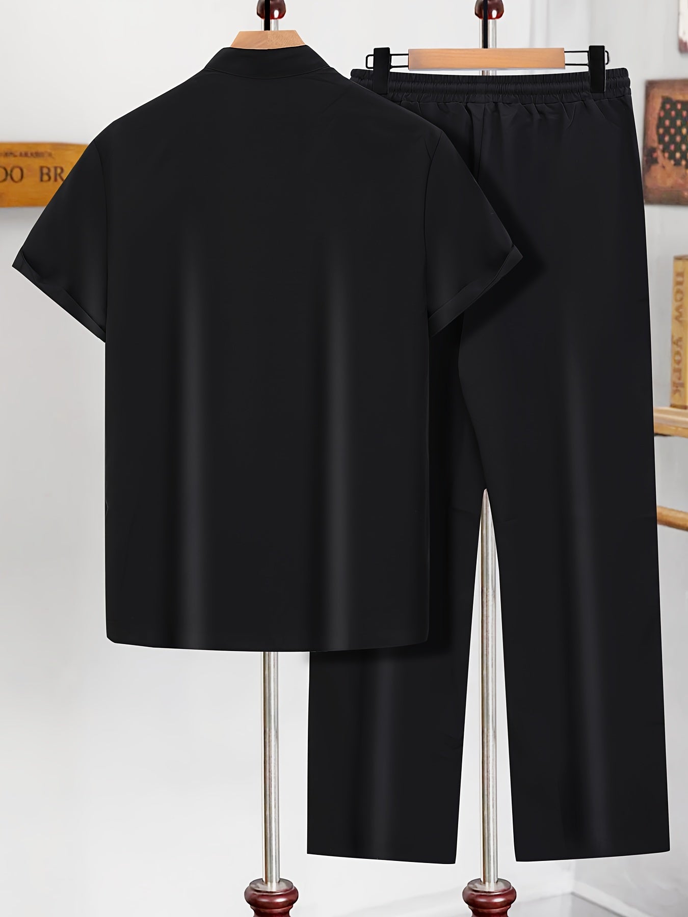 Men'S Casual Summer Short Sleeve Shirt & Pants Set - Black with White Geometric Print, Button-Up Collared Shirt & Loose Fit Pants, Non-Stretch Fabric, Perfect for Spring/Fall, Spring Summer Outfit | Geometric Print Shirt | Bu