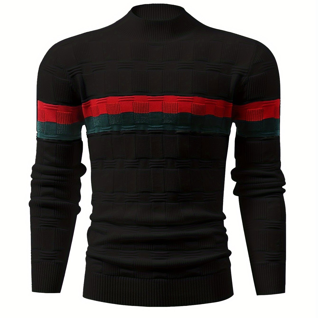 Temujin OBM Men's Fashion Mid-Neck Button Contrast Stripe Three-Dimensional Plaid Knit Top