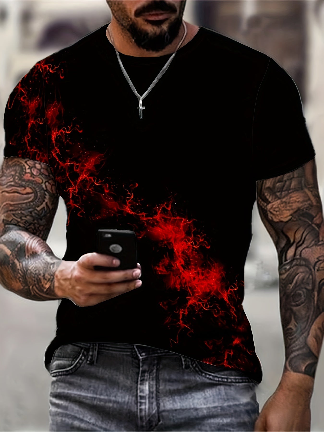 Men'S 3D Print Red Black Flame Graphic T-Shirt - Casual Short Sleeve Crew Neck Tee with Mesh Fabric, All-Season Outdoor Shirt for Adults, Everyday Tshirt Bold Graphic Tee Mesh Fabric Shirt