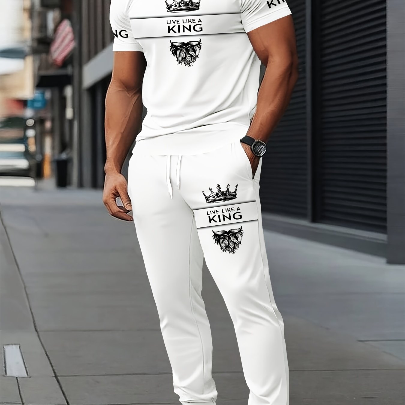 Men's 3D printed sportswear set - Round-neck short-sleeved T-shirt and trousers, striped pattern, regular fit, knitted polyester, slightly elastic