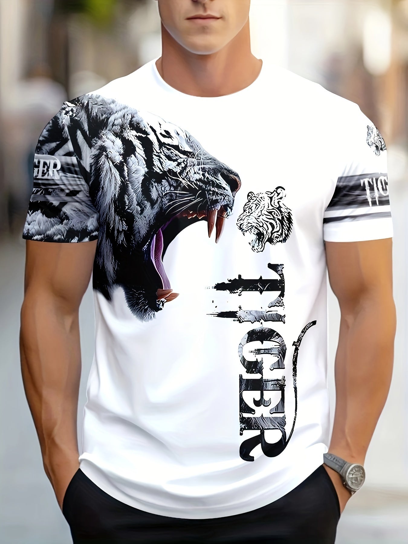 Men'S Women'S "Tiger" Graphic T-Shirt - Casual, Stylish 3D Print Animal Design, White, Short Sleeve, Polyester Knit, Regular Fit, Streetwear Tee Bold Animal Print Stretchy Fabric