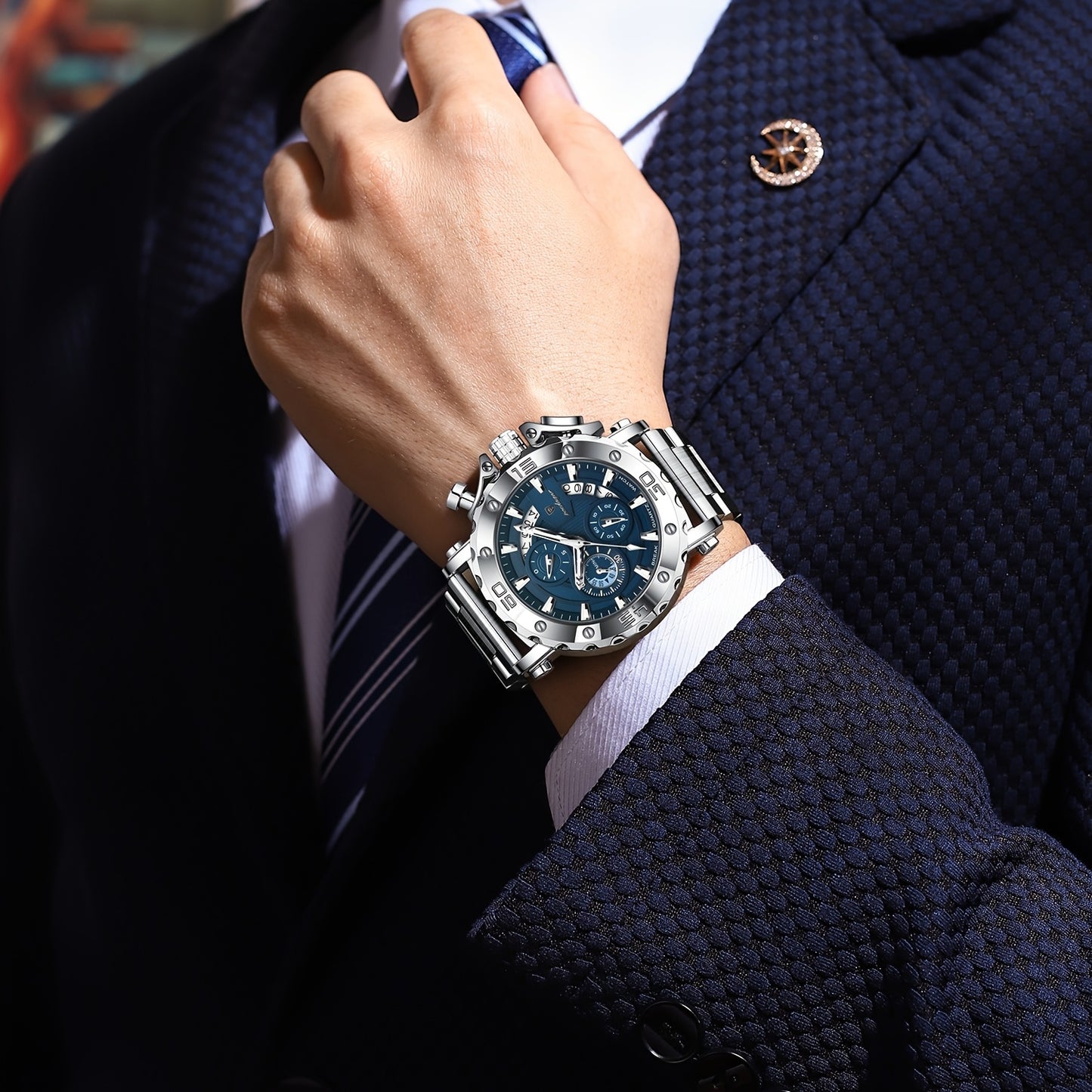 POEDAGAR Men'S Luxury Stainless Steel Business Watch with Date Display, 3ATM Blue Dial, Rotating Bezel, Alloy Case, Quartz Movement - Elegant Formal Accessory, Formal Accessory|Luxurious Watch|Quartz Movement Watch