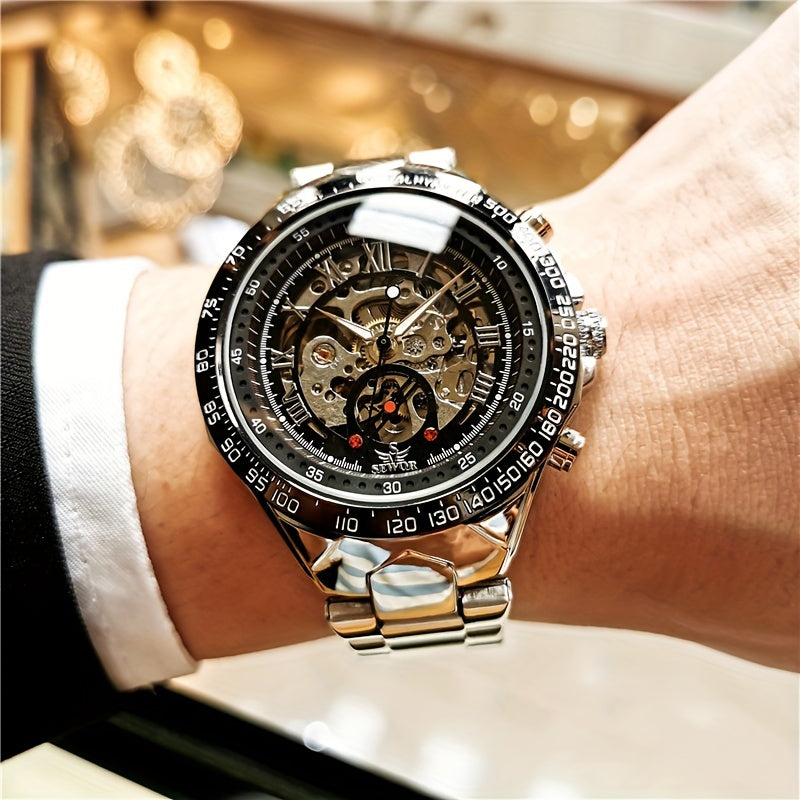 Fashion Statement, Men's Luxury Automatic Mechanical Watch - Elegant Stainless Steel Band, Multi-Function with Sun, Moon, and Stars Display, Transparent Back for Sophisticated Style
