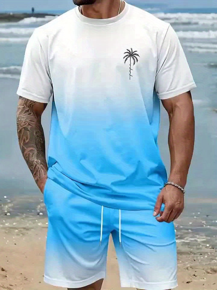 Men's fashion crewneck short-sleeved shorts two-piece set, 3D digital printing HD pattern, summer leisure and comfortable vacation sports Men's wear