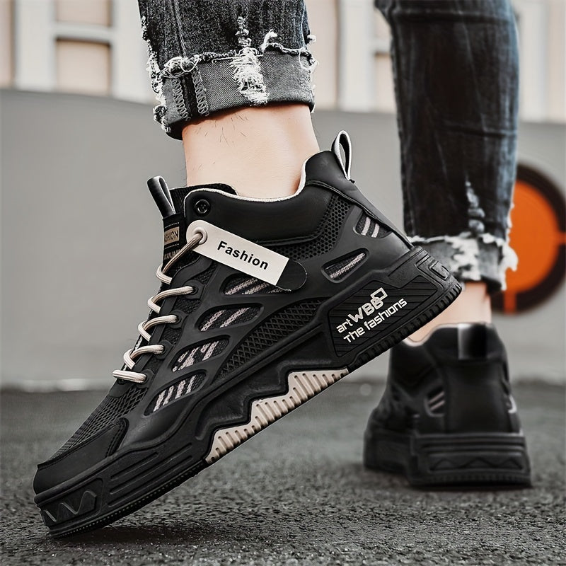 Men's High Top Fashion Sneakers Graphic Print Lace-Up Casual Skateboard Shoes with Round Toe, PU Mesh Upper, Fabric Lining, and Rubber Sole
