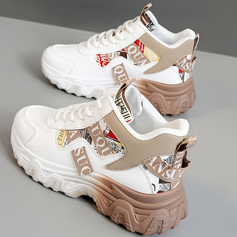 Women's Breathable Lightweight Running Shoes - Trendy Color Block Design with "NO Fear Limits" Print, Casual Athletic Sneakers, Lace-Up Closure, Beige Red Upper, Rubber Sole, All-Season Wear, Ladies Sneakers, Sporty Lifesty