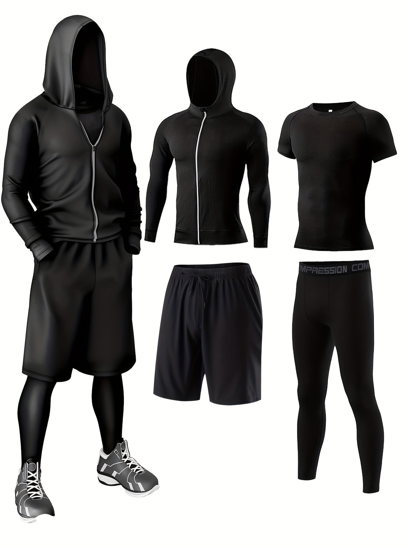 4pcs Athletic Sportswear Set, Polyester 95% Elastane 5% Knit Fabric, All-Season Crew Neck Hoodie, Skinny Fit Solid Color, Breathable Quick-Dry for Running, Fitness, Cycling & Outdoor Activities