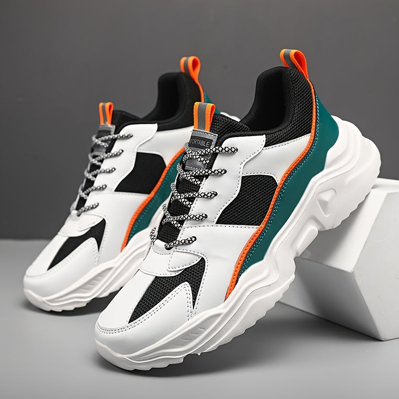 Men'S Athletic Sneakers, Thick Sole Lace-Up Dad Shoes, Multicolor Block Splicing Style Casual Footwear, Suitable for Outdoor Activities