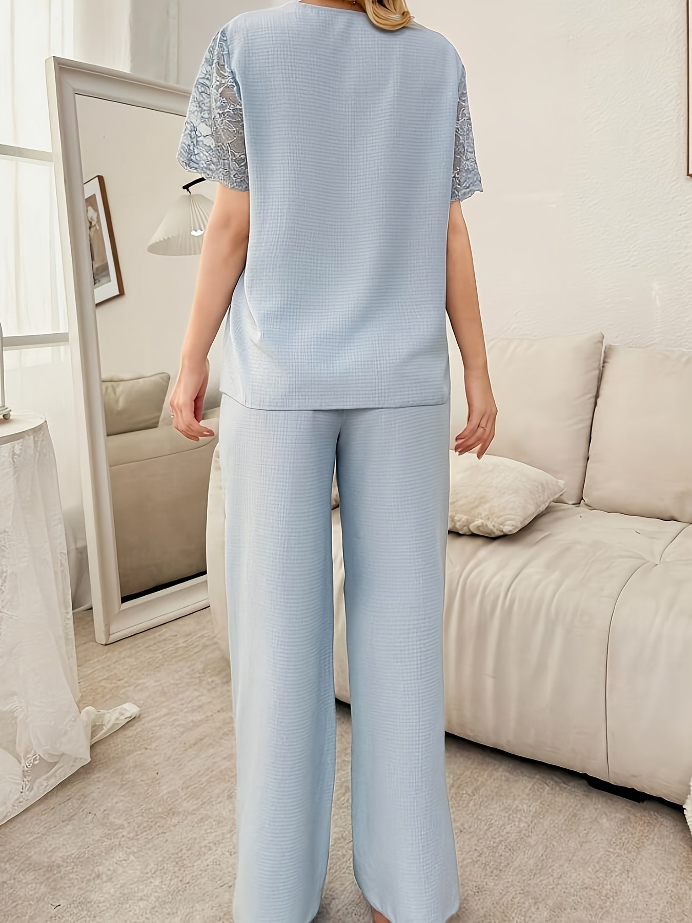 Elegant Women'S Solid Color Lace-Trimmed V-Neck Short Sleeve & Long Pants Pajama Set - Soft Polyester, Button-Up Design, Perfect for Home & Relaxation, Relaxation Attire | Lace Trimmed Sleeves | Polyester Fabric