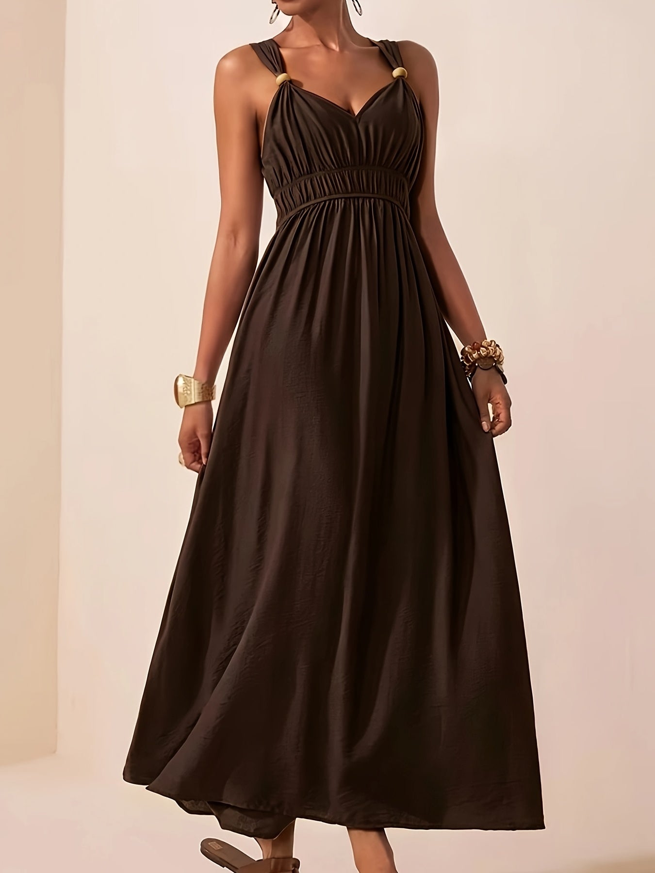 Elegant Summer V-Neck Beaded Sleeveless Waist-Cinching Dress