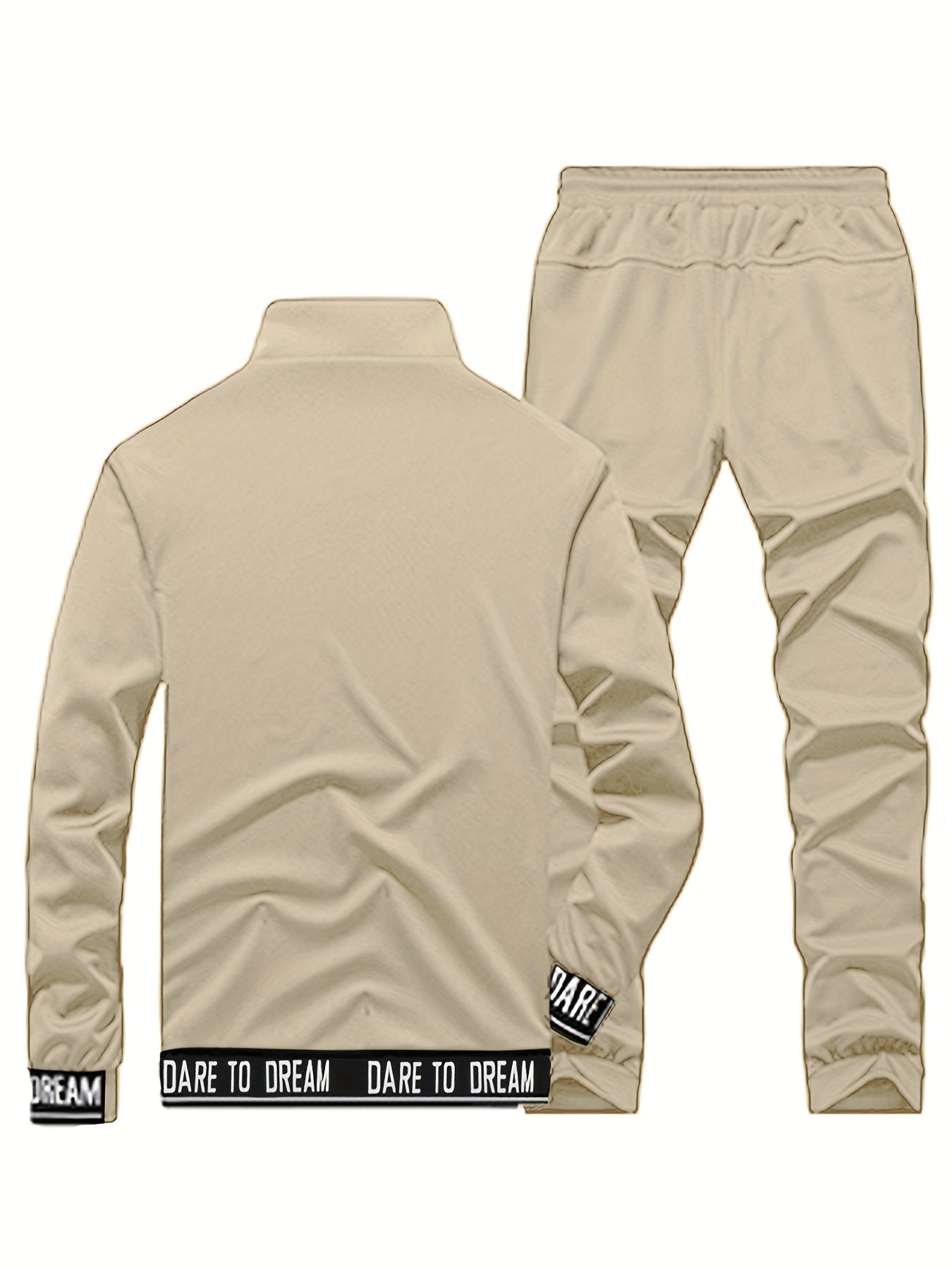 Men'S Casual Sportswear Set - Beige Zip-Up Jacket & Joggers with "DARE TO BE" Print, Long Sleeve, Pockets, and Drawstring Waist, Perfect for Running and Leisure Activities, Spring/Fall Collection, Spring Fall Attire | Zipup J
