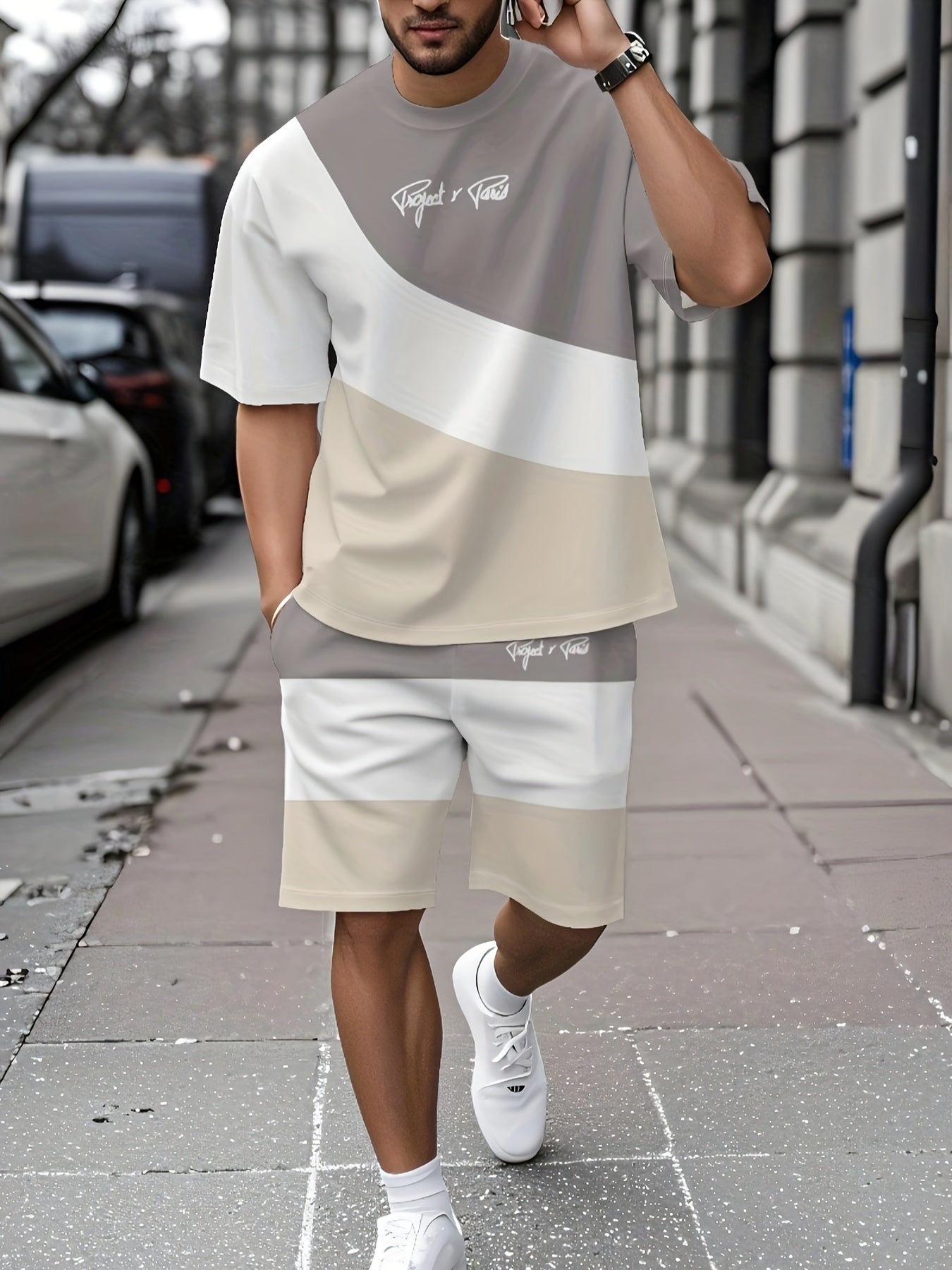 Summer New Round Neck Short Sleeve T-Shirt Set, 3-Color Patchwork Pattern, Front Chest Fashion Letter, Casual Style, Simple Matching Outfit Suitable for Date Night