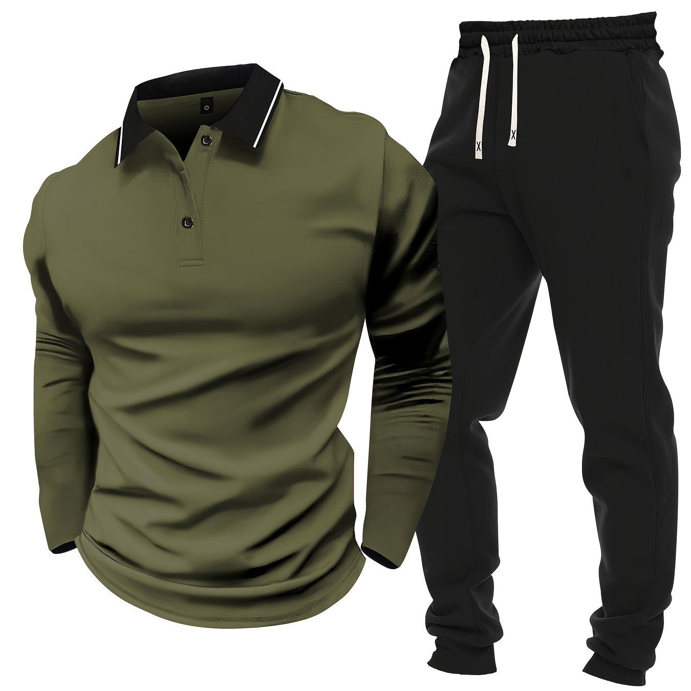 Men's Casual Color-Block Long Sleeve Button-Up Shirt & Drawstring Joggers Set - Polyester Blend, Pockets Included, Perfect for Spring/Fall