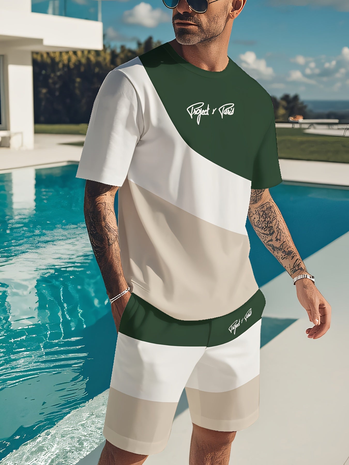 Summer New Round Neck Short Sleeve T-Shirt Set, 3-Color Patchwork Pattern, Front Chest Fashion Letter, Casual Style, Simple Matching Outfit Suitable for Date Night
