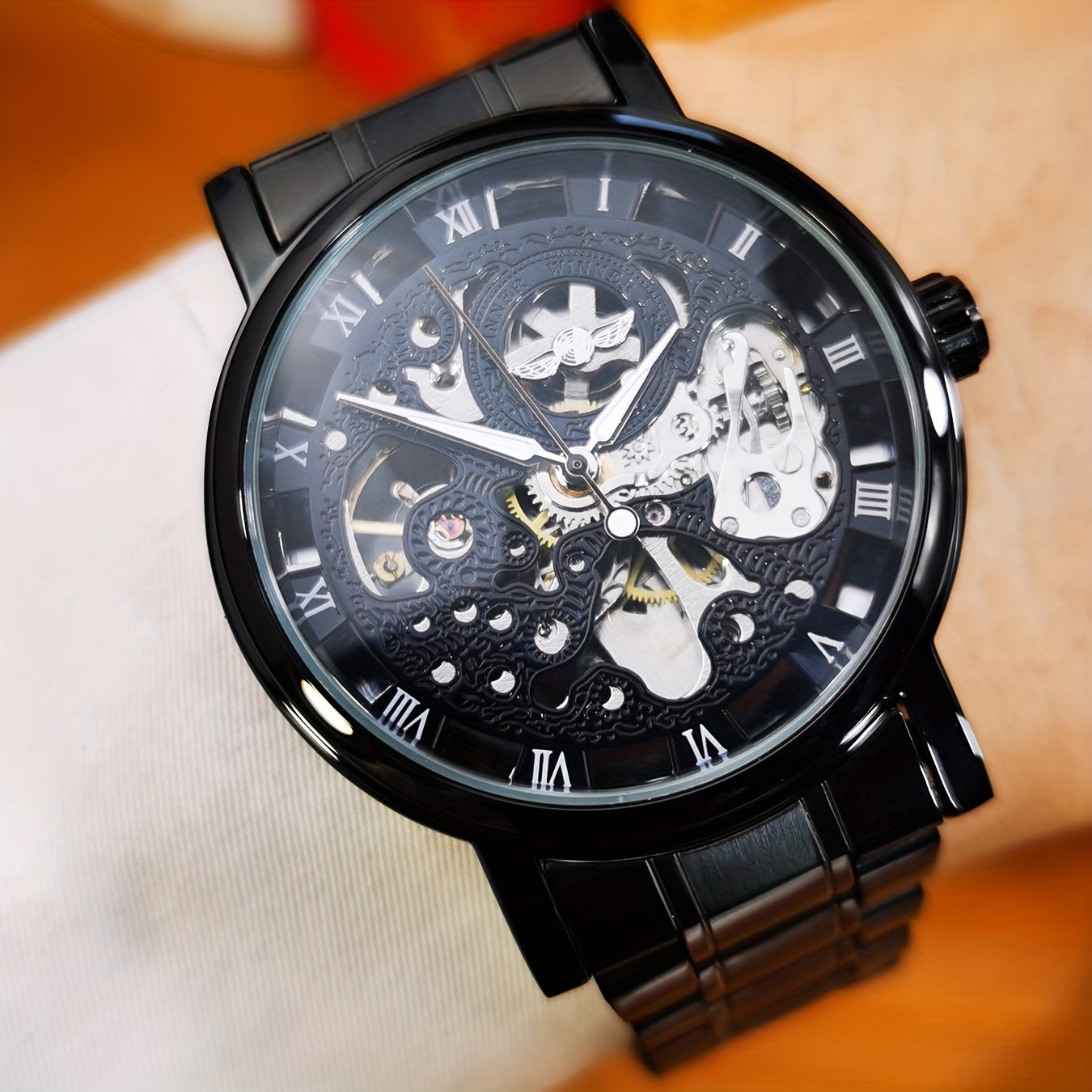 1pc T-WINNER Men'S Luxury Skeleton Automatic Mechanical Watch with Luminous Hands, Black Stainless Steel Strap & Roman Numerals - 3ATM High Quality, Business Casual Style, Includes Gift Box, Business Casual Watch | Skeleton W