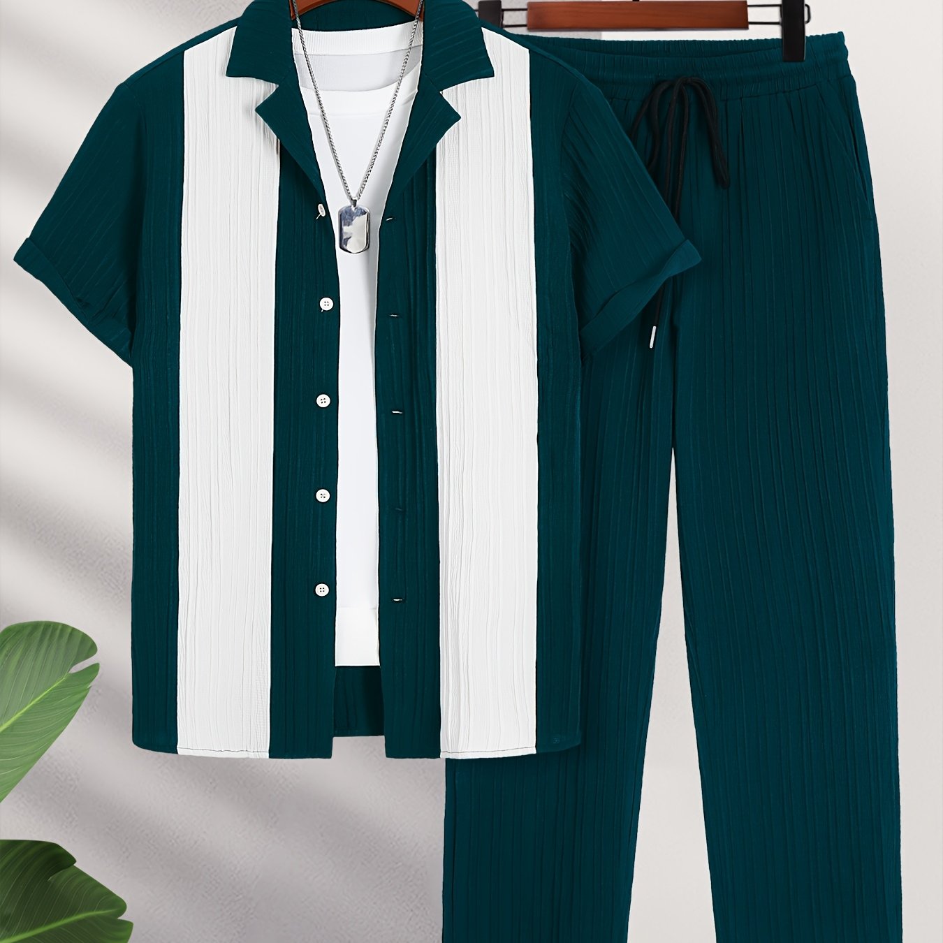 New Men's Colorful French Stripe Short Sleeve Shirt and Trousers Set