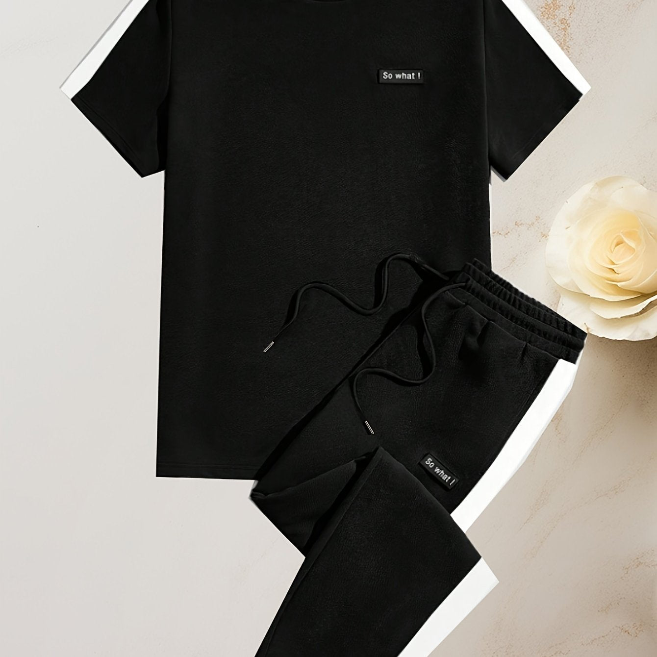 Men's Summer Sports Casual Set with Round Neck T-Shirt and Drawstring Pants Fashion Patchwork Breathable Quick-Dry Top and Bottoms Outfit