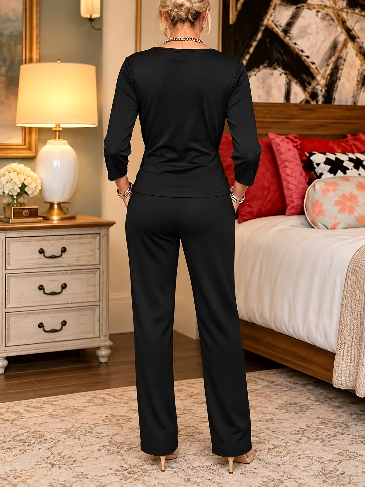 Women's Elegant Belted Top & Slim Fit Pants Set for Fall