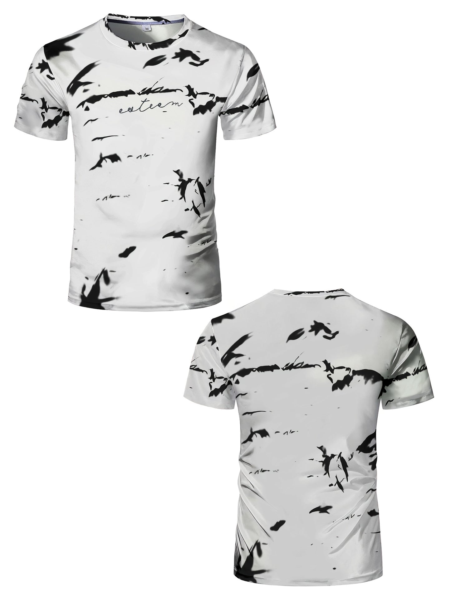 Men's High-Elasticity Anti-Tear Graffiti T-Shirt - Black White Geometric Print, Tight-Fit Athletic Top for Gym, Running, Yoga Casual Summer Wear, Gym Clothes, Highelastic Polyester, Short Sleeve Design