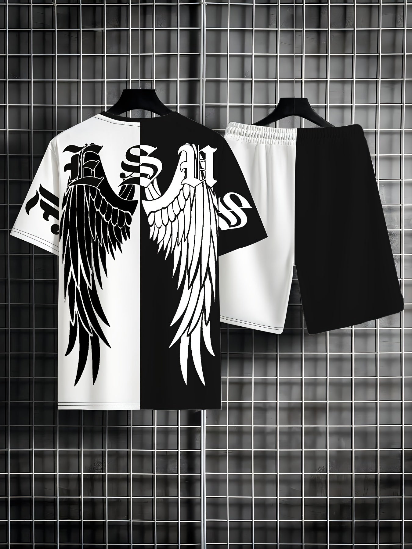 Men's Summer Fashion 2pcs Set: Gothic Wings Print T-Shirt & Shorts - Casual Beachwear, Athletic Loungewear, Machine Washable