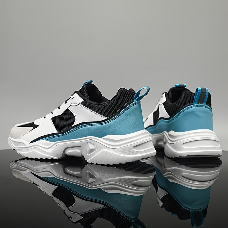 Men'S Athletic Sneakers, Thick Sole Lace-Up Dad Shoes, Multicolor Block Splicing Style Casual Footwear, Suitable for Outdoor Activities