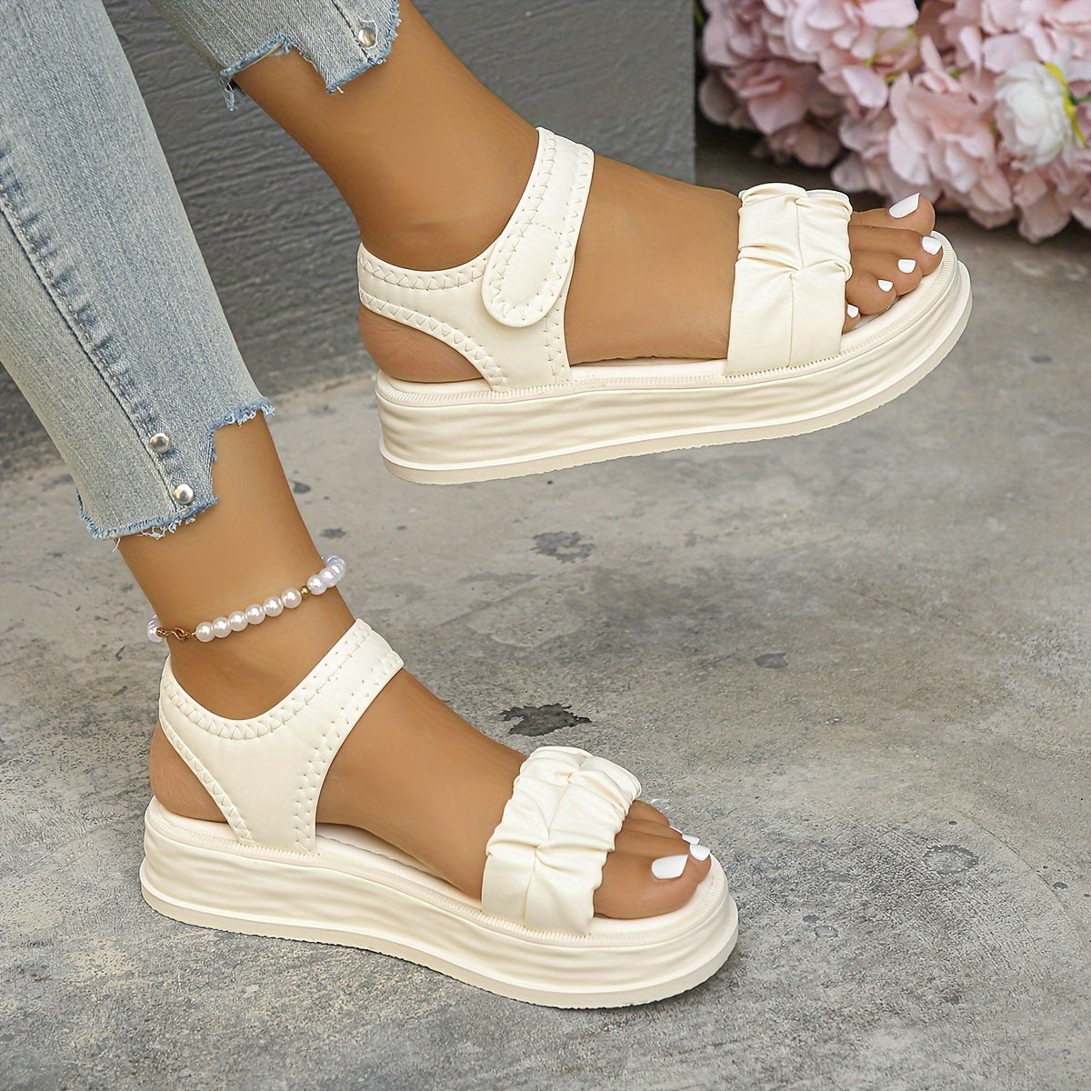 Women's Solid Color Flat Sandals, Casual Open Toe Summer Shoes, Comfortable Ankle Strap Sandals