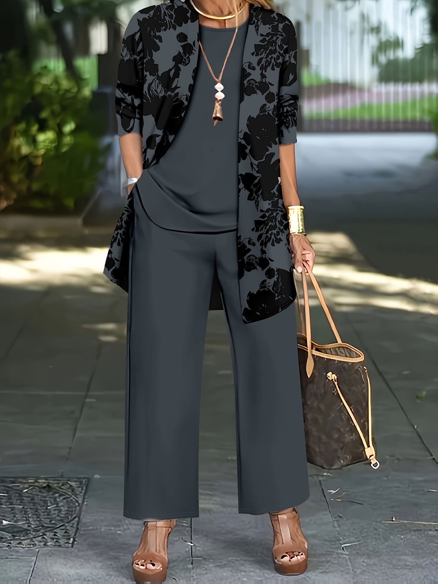 Plus Size, A three-piece set of elegant and unique female plus-size floral printed top and solid-colored vest and trousers