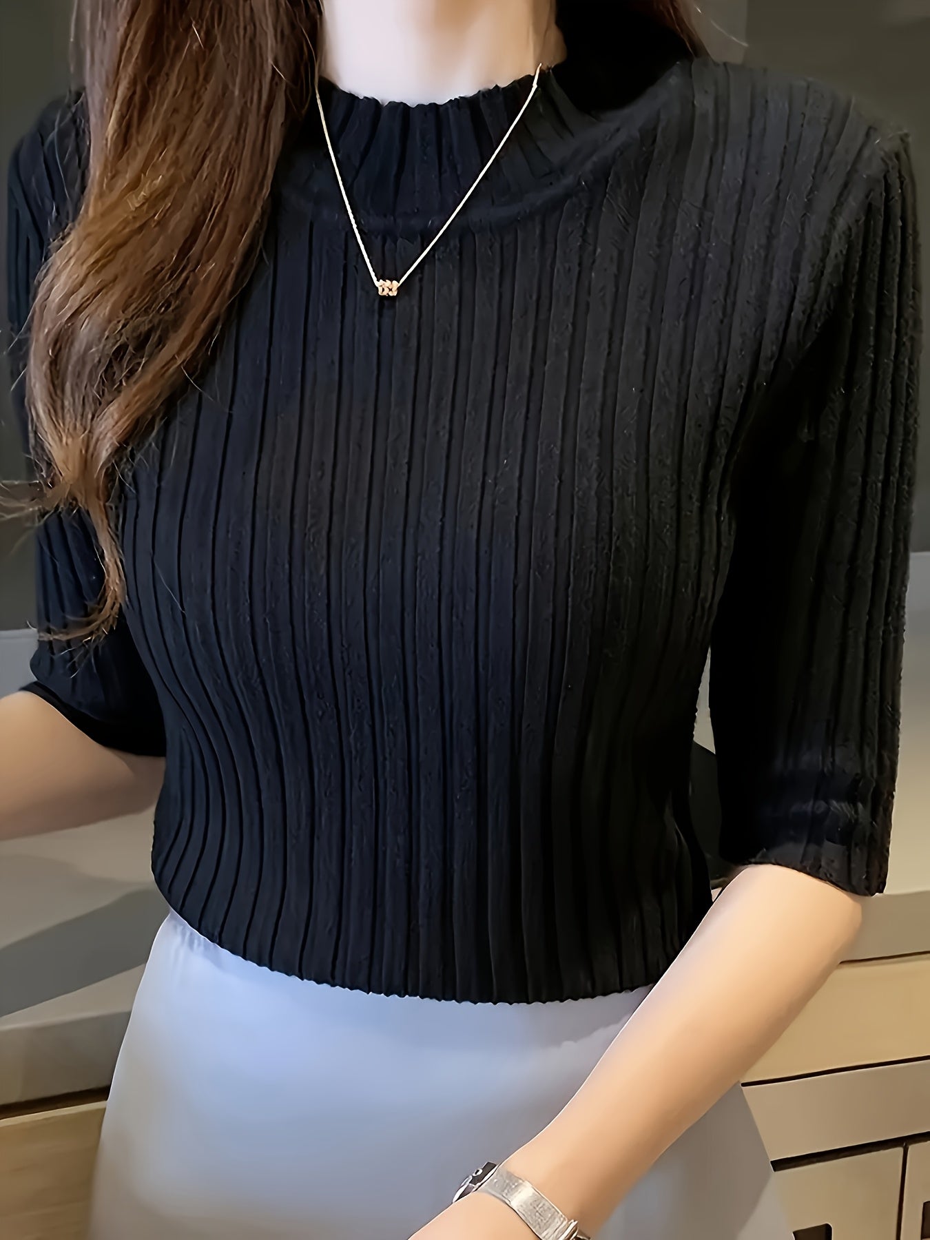 Women's Elegant Solid Color Ribbed Pullover Top - Short Sleeve Regular Fit Machine-Washable All-Season Versatile Blouse for Casual & Formal Wear