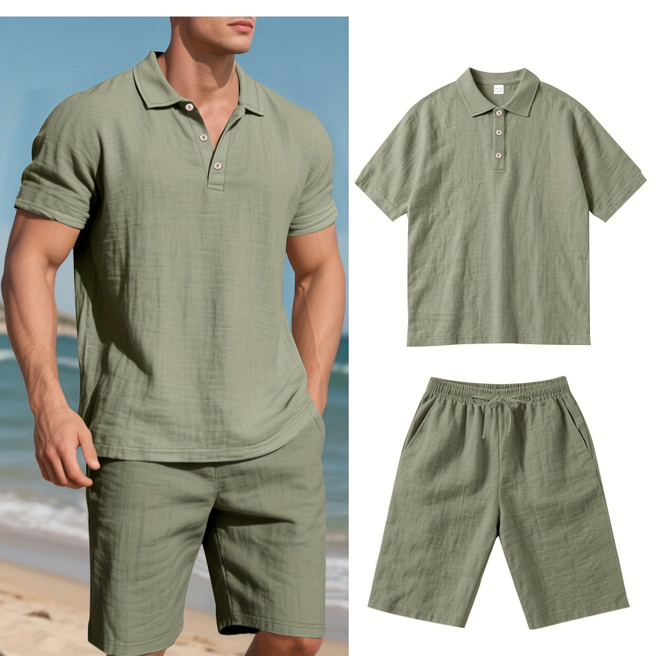 Essential for a Cool Summer! Men's Linen Shirt & Shorts Set, Comfortable Casual Outing Choice - Simple Beach Vacation Style Solid Color Linen