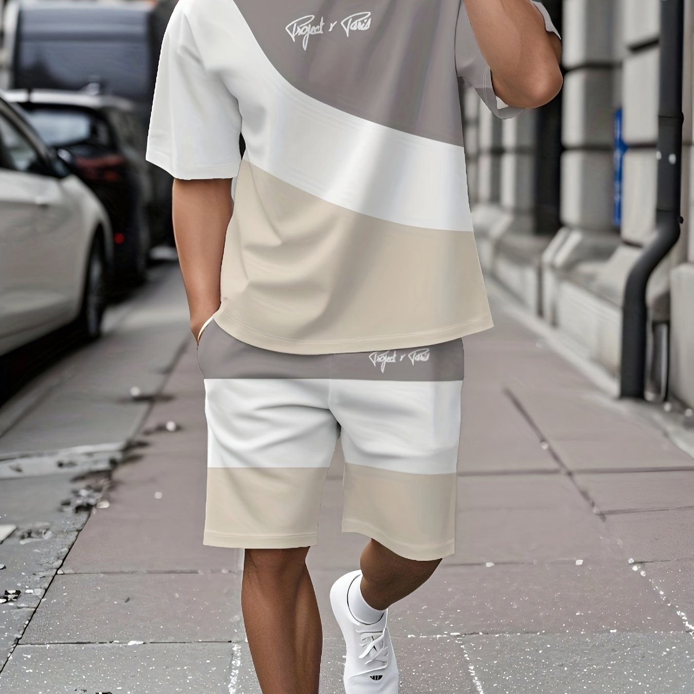 Summer New Round Neck Short Sleeve T-Shirt Set, 3-Color Patchwork Pattern, Front Chest Fashion Letter, Casual Style, Simple Matching Outfit Suitable for Date Night