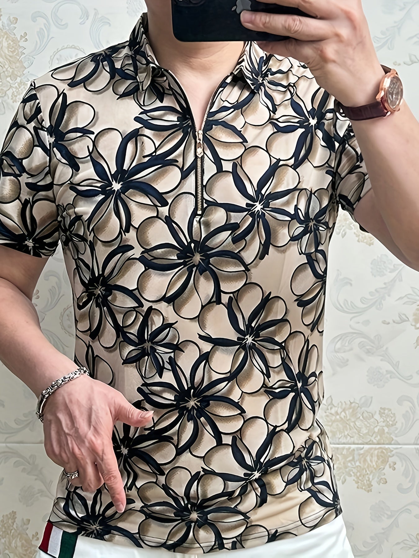 Men'S Lightweight Floral Print Short Sleeve T-Shirt - Stylish Black Beige Business Casual Top with Zipper Detail, Regular Fit for Summer, Summer Casual Wear Modern Casual Style Stylish Button Details