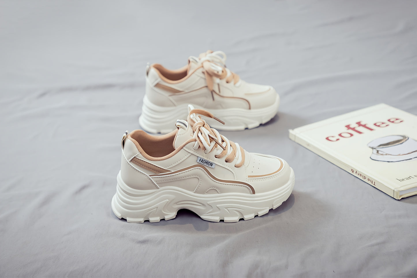 Women's Trendy Chunky Sneakers - Breathable Lace-Up Dad Shoes with Thick PVC Sole, White Beige Two-Tone Design, Versatile Low-Top Style for Casual Attire