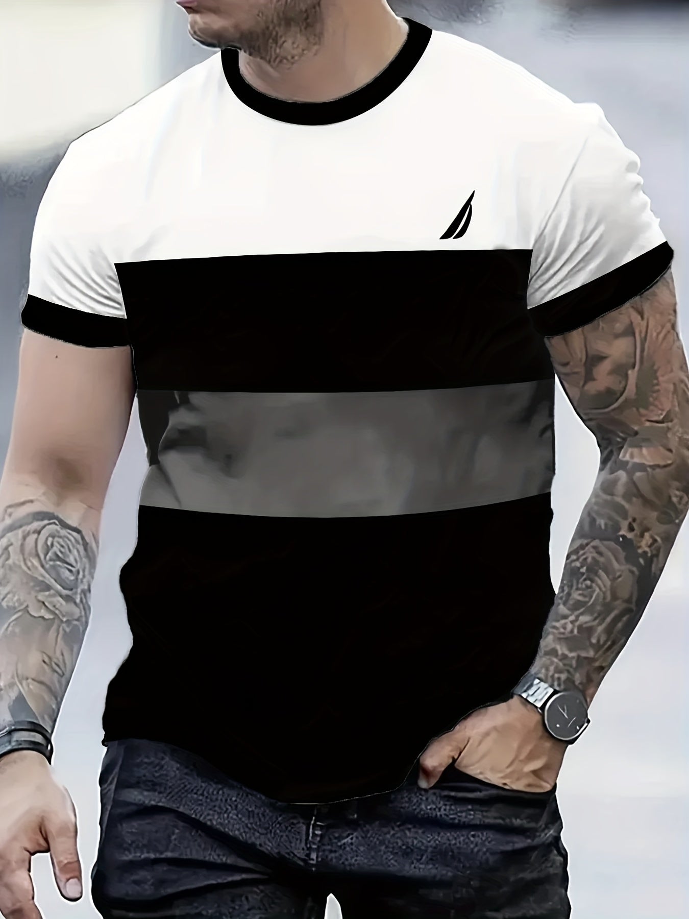 Men'S Stylish Casual T-Shirt - 100% Polyester, Crew Neck Short Sleeve, Machine Washable, Comfortable All-Season Wear Smooth Texture Fabric