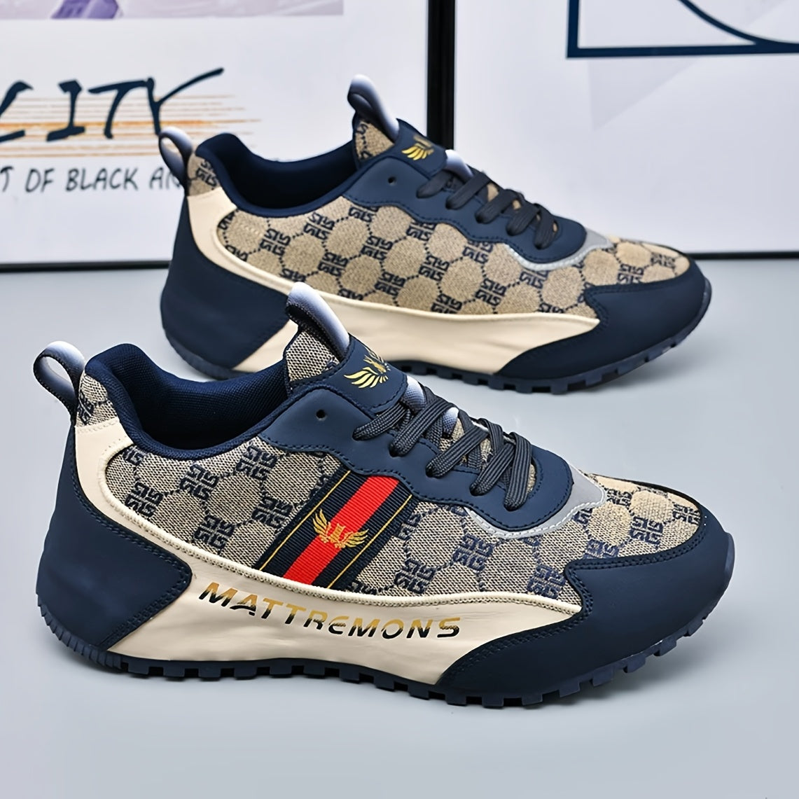 Men'S Luxury High-Top Sneakers - Stylish Black Beige Design with Golden Accents, Lace-Up Casual Shoes for Spring/Fall, Comfortable Fabric Upper Rubber Sole, Everyday Footwear Luxury Sneakers Rubber Sole Sneakers