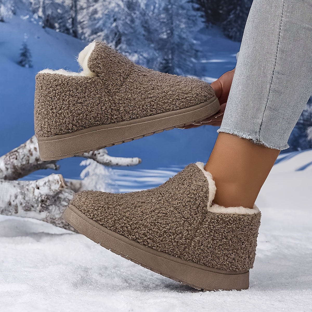 Women'S Plush Winter Slip-On Ankle Boots - Soft Fleece-Lined Low Heel Casual Shoes, Lightweight & Durable, Perfect for Y Days, Winter Footwear | Slipon Boots | Synthetic Cover Sole