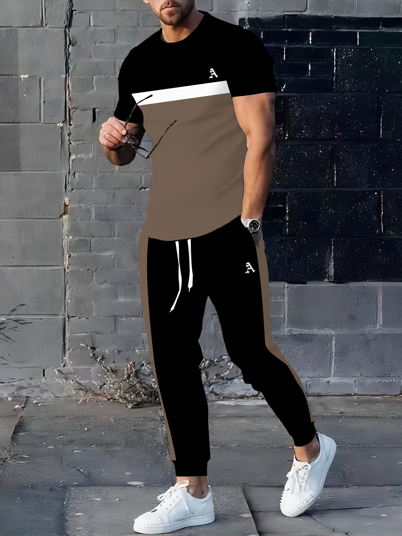 Men'S Polyester Sportswear | Elegant Casual Crew Neck | Slightly Stretchy Knit with Striped 3D Print | Regular Fit Two-Piece Set | Patterned Short Sleeve T-Shirt and Long Pants
