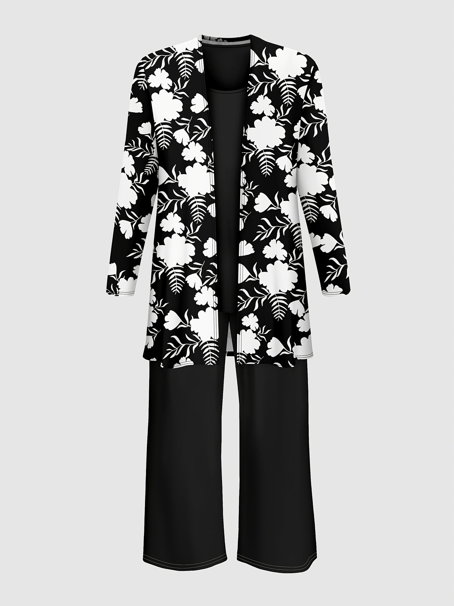 Plus Size, A three-piece set of Women's plus-size elegant floral print top and solid-color vest pants
