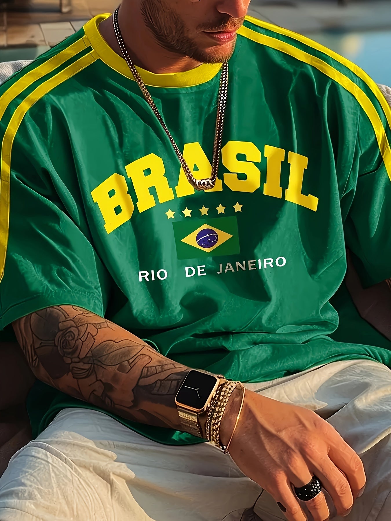 Men'S Casual Short-Sleeve T-Shirt with 3D Digital Printing, Round Neck, Brazilian Style, Made of Slightly Stretchy Polyester Knit Fabric, Suitable for Summer Outdoor Activities And Everyday Wear.