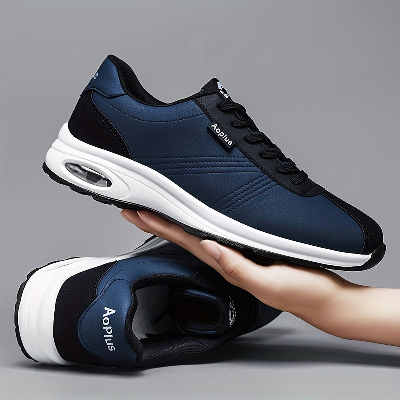 AOPLUS Men's Low-Top Sneakers - Navy Blue Black Sneakers, PU Upper Cushioned Rubber Sole for Gym, Training, Everyday - All-Season Lace-Up Shoes for Men, Gym Training Footwear, Sleek Sporty Design, Fabric Lined Interior