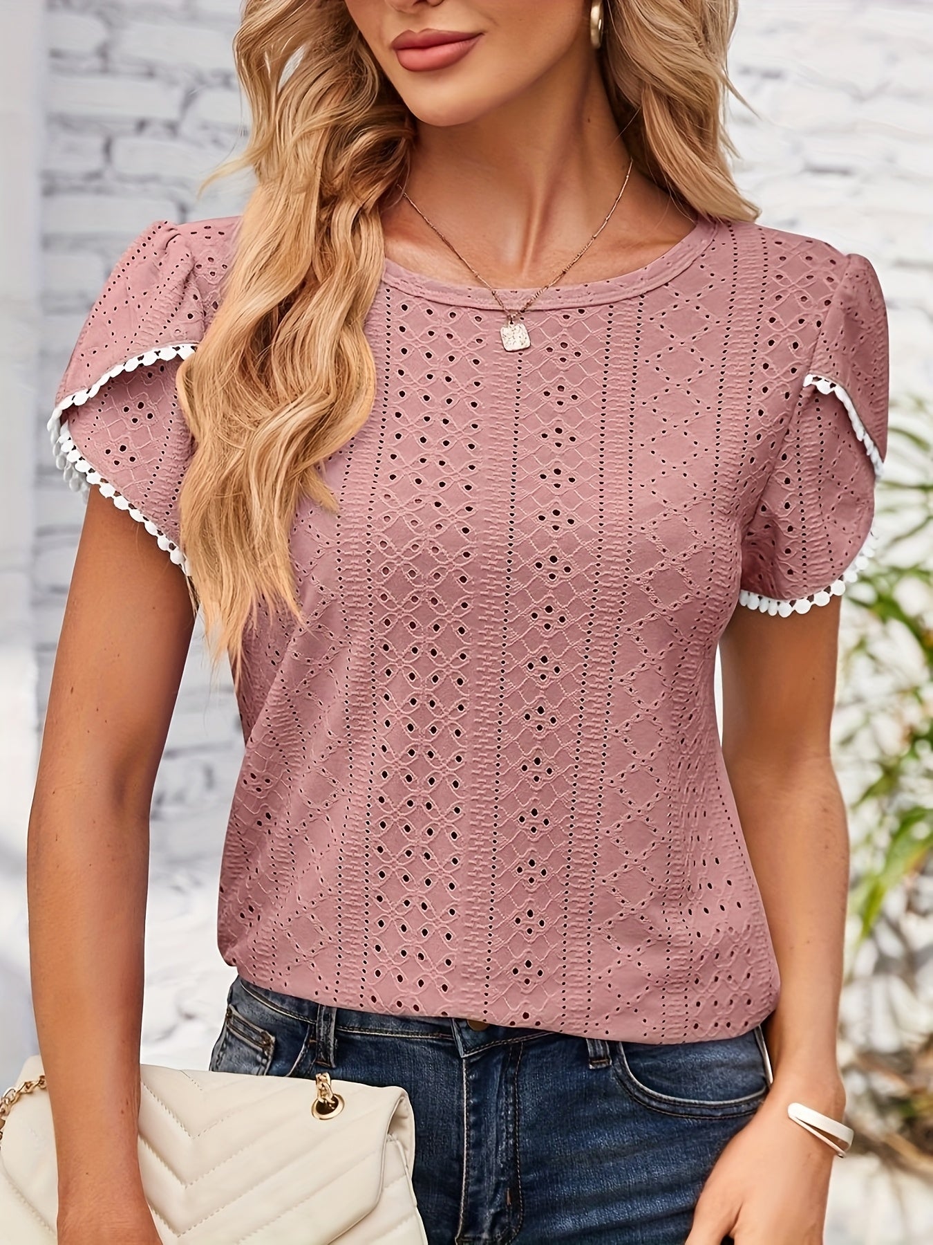 Women'S Elegant Blouse - Soft Pink Round Neck T-Shirt with Floral-like eyelet details, Breathable Loose Fit Top for Casual & Formal Outfits - Everyday Summer Shirt for Women, Ladies T Shirts, Versatile Clothing, Feminine Styl