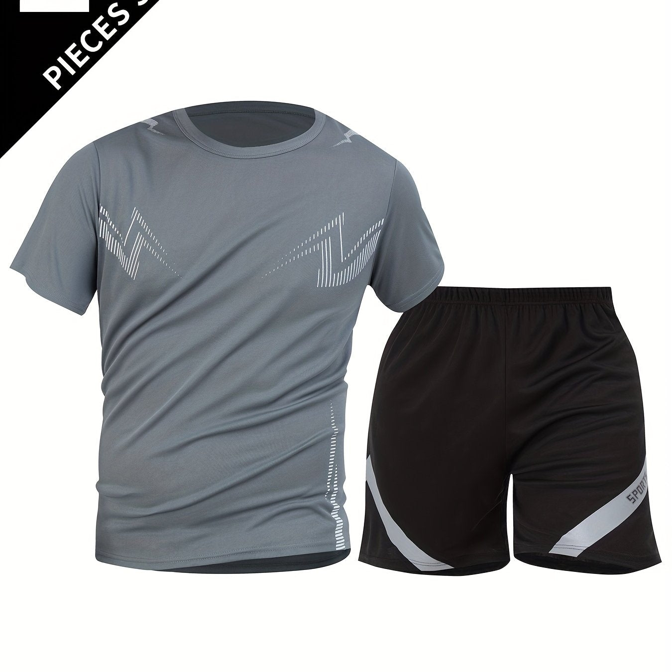 2pcs Summer New Lightning Print Sports Suit Men's Short Sleeve Shorts Outdoor Fitness Breathable Quick-Dry Loose Running Outfit Set
