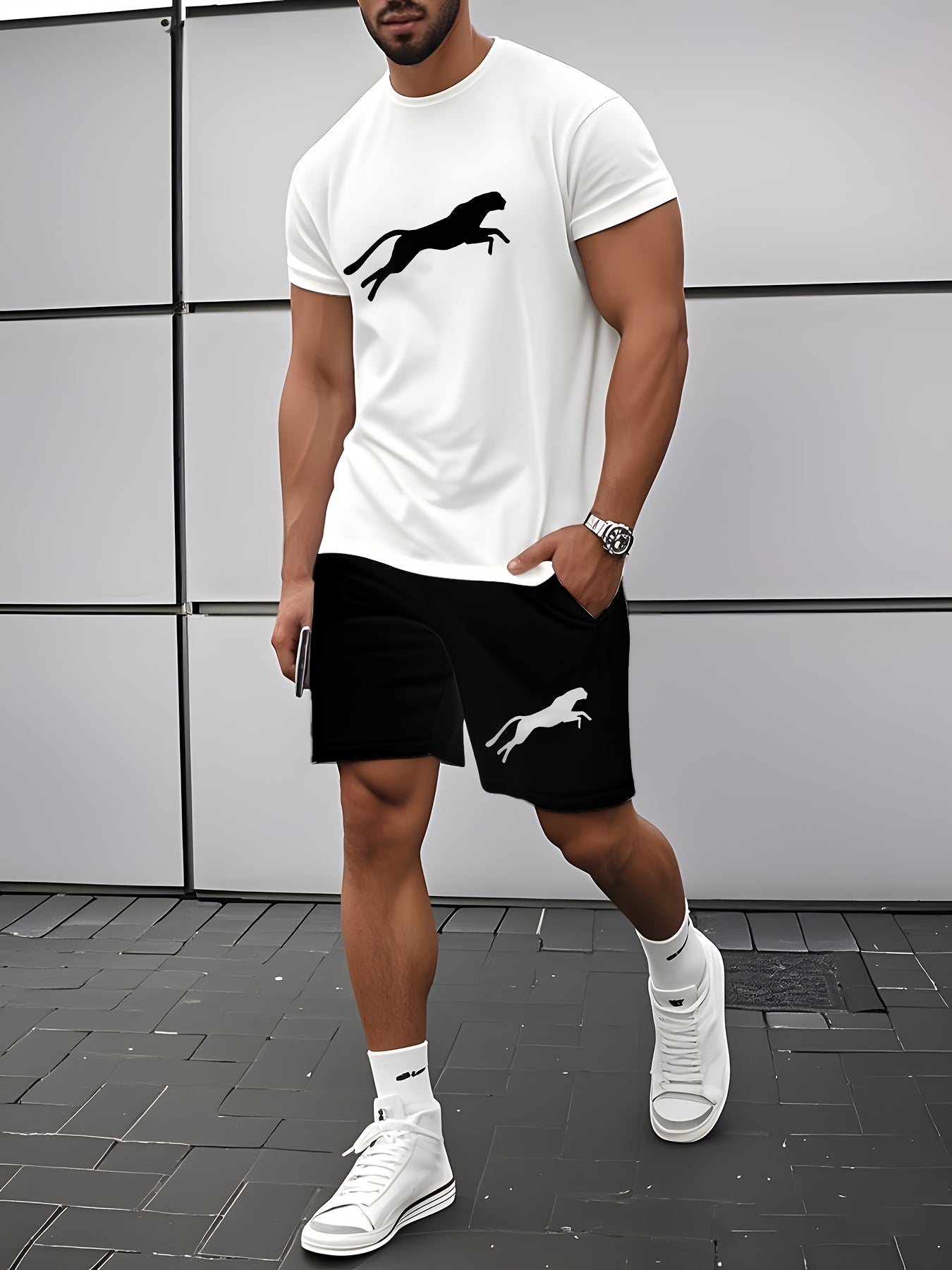 Leopard Print 3D Printed Men's Casual Sportswear Set - Breathable Polyester Knit Fabric, Crew Neck Short Sleeve T-Shirt and Shorts Combo, Regular Fit for All Seasons