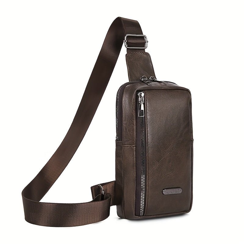 Men'S Classic Black PU Crossbody Bag with Geometric Pattern, Key Holder, Zipper Closure, Polyester Lining, Urban Style, Commuter Bag Geometric Pattern Bag Zippered Closure Bag
