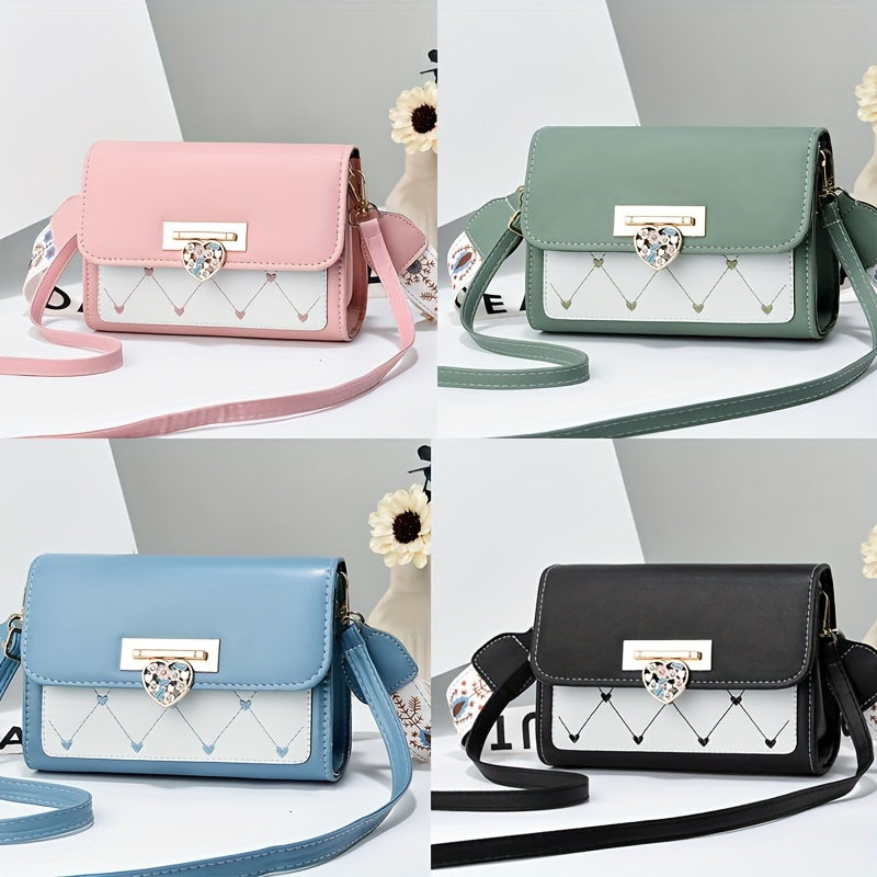 Chic Versatile Women’s Shoulder Bag with Cute Heart Pattern - Adjustable Strap, Magnetic Closure, in Pink, Green, Blue, Black, Casual Crossbody Bag | Playful Heart Design | Decorative Zipper Charm