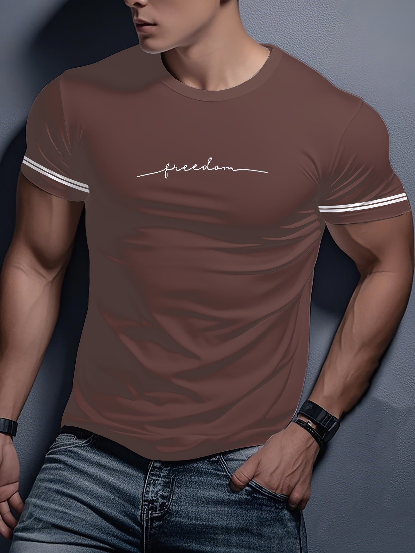 Men'S "Freedom" Graphic T-Shirt - Black Casual Crew Neck Tee with White Stripes, Breathable Polyester Blend, Regular Fit for Casual Attire, Everyday Tshirt Bold Print Tee Comfortable Fit, Knit