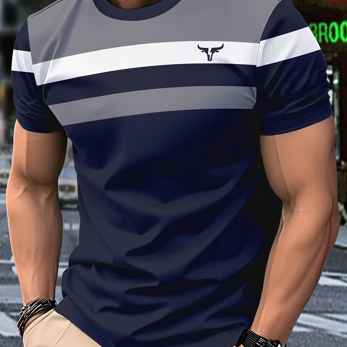 Men'S 3D Digital Print Short Sleeve T-Shirt - Vibrant Color Block Stripes Bull Head Logo, Breathable Lightweight Fabric, Regular Fit All-Season Casual Top, Durable Urban Style Tee, Versatile Clothing, Modern Fashion, Comfor